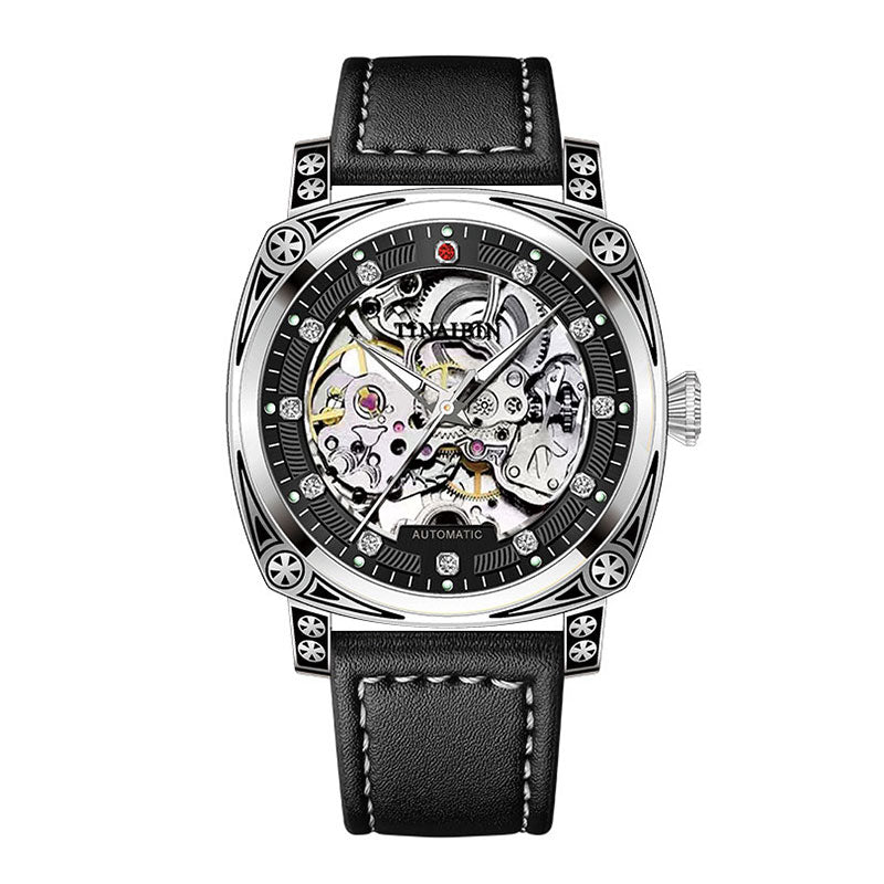 TINAIBIN Tourbillon Mechanical Men Watch Luxury Leather High-quality Hollow Skeleton Watch