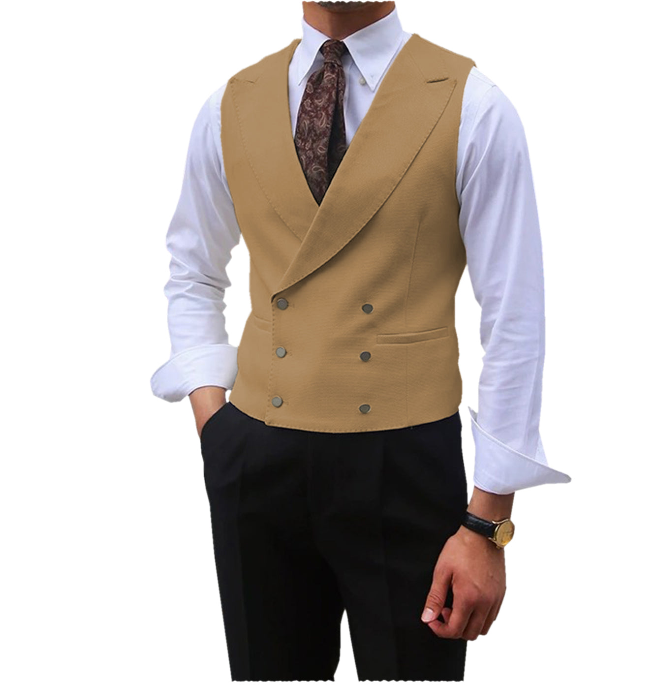 Men Vest Brown Solid Peaked Lapel Double Breasted Sleeveless Jacket Wedding Banquet Business Casual Slim Waistcoat