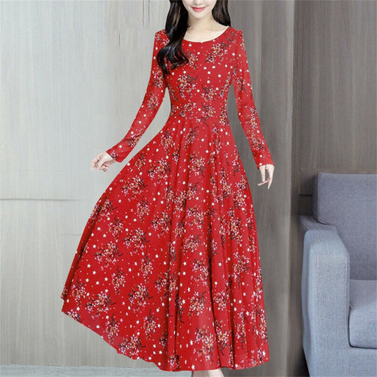 Women's Elegant Floral Printed Waisted Vintage Bohemian Dress Casual Long Sleeve Beach Holiday Dresses Slim Fit Long Dress