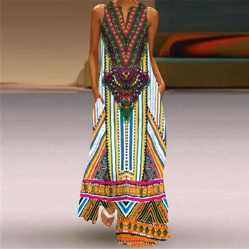 Women's summer Boho vintage maxi dress Women's pocket loose casual print A-line dresses