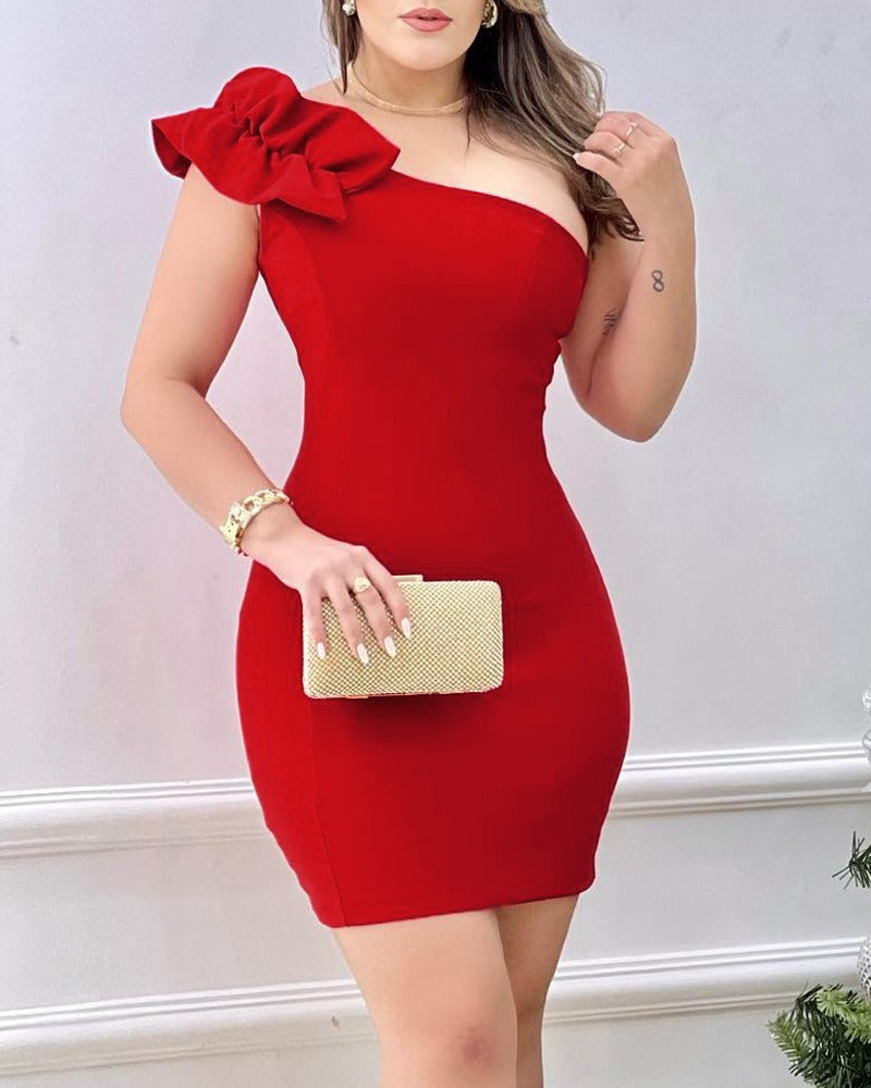 Summer Fashion Red Appliques Women Mini Party Dress Bodycon Elegant Ruffle Sexy One Shoulder Birthday Evening Club Outfits