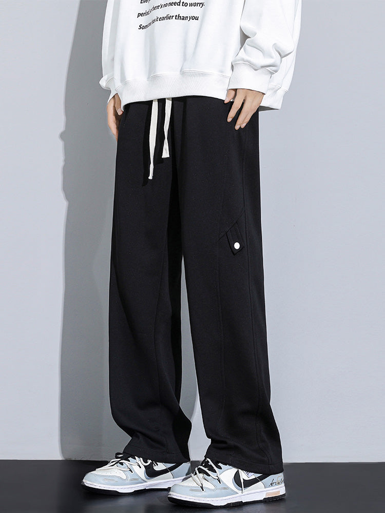 Men's Sweatpants Korean Fashion Solid Color String Banding Wide Leg Track Pants Straight Loose Cotton Trousers