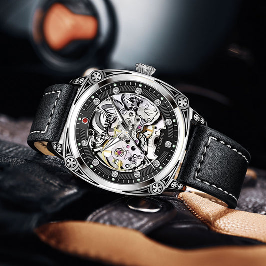 TINAIBIN Tourbillon Mechanical Men Watch Luxury Leather High-quality Hollow Skeleton Watch