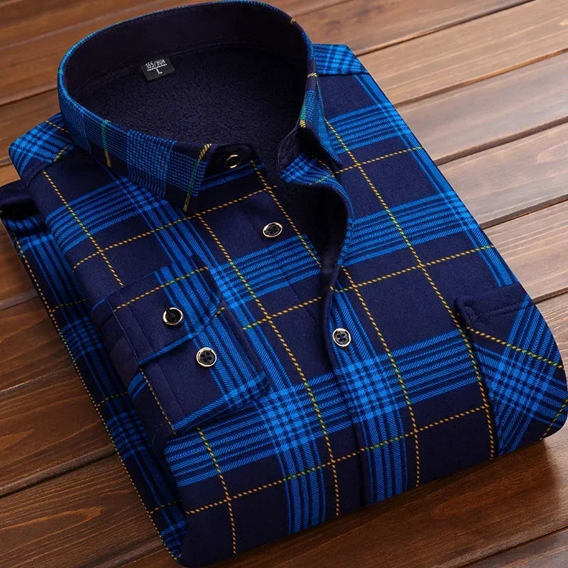 Men's Winter Warm Long Sleeve Plaid Shirts Flannel Fur Lined Thick Formal Shirts Fleece Casual Shirt for Men Dress Shirts