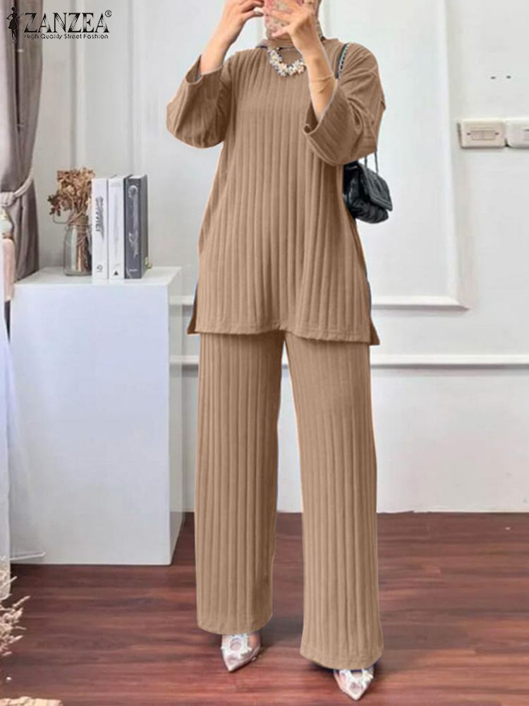 ZANZEA Women Muslim Matching Sets Autumn 2PCS Long Sleeve Blouse Wide Leg Pants Sets Fashion Tracksuit Winter Outifits Oversize