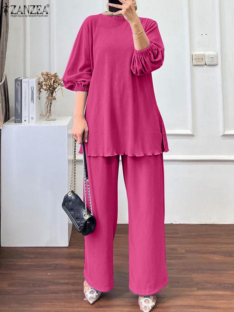 Elegant Muslim Sets ZANZEA Summer Tracksuits Women Long Sleeve Blouse Trousers Suits IsIamic Outfits Fashion Loose Matching Sets