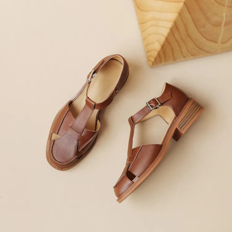 Summer Sandals Cowhide Round Toe Women Sandals Chunky Heel Women Shoes Cover Toe Shoes for Women Hollow Out Mary Jane Shoes