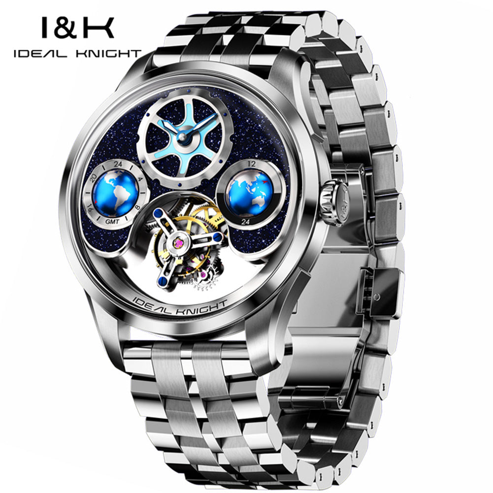 IDEAL KNIGHT Top Brand Luxury Men's Automatic Mechanical Wristwatch Blue Earth Dial Two Location Time Display Flywheel Movement