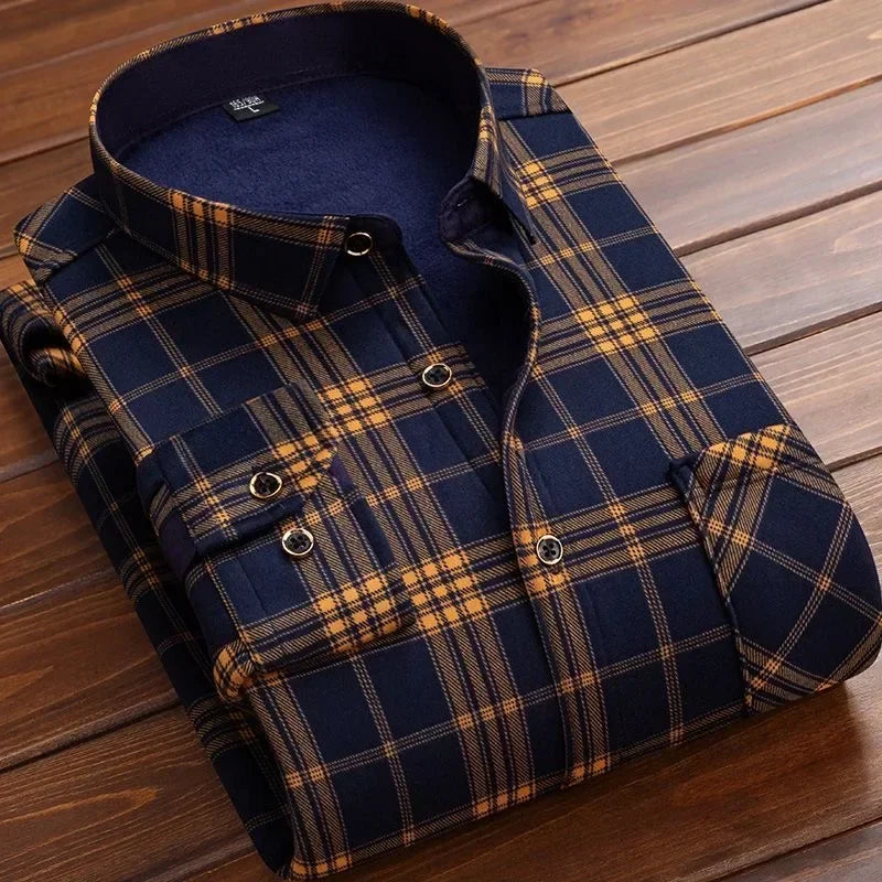 Men's Winter Warm Long Sleeve Plaid Shirts Flannel Fur Lined Thick Formal Shirts Fleece Casual Shirt for Men Dress Shirts