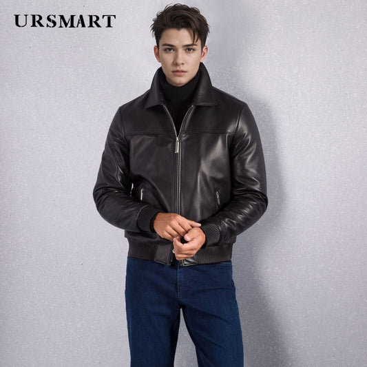 Classic black calfskin men's jacket New products for autumn and winter High-quality genuine leather short jacket for men