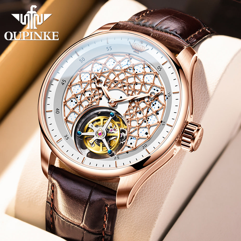 OUPINKE Tourbillon Movement Men Watches Automatic Mechanical Watch Texture Design Dial Luxury Original Male Wristwatch Sapphire