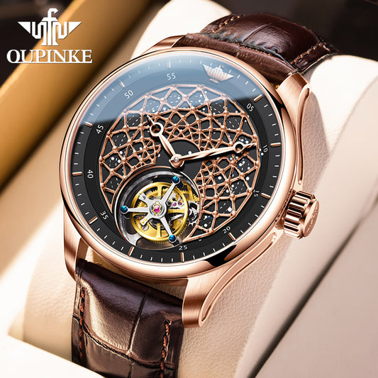 OUPINKE Tourbillon Movement Men Watches Automatic Mechanical Watch Texture Design Dial Luxury Original Male Wristwatch Sapphire