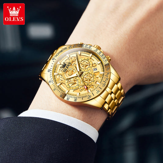 OLEVS Men's Watches Gold Luxury Hollow Out Style Original Quartz Watch for Man Waterproof Luminous Chronograph Date 24 Hours