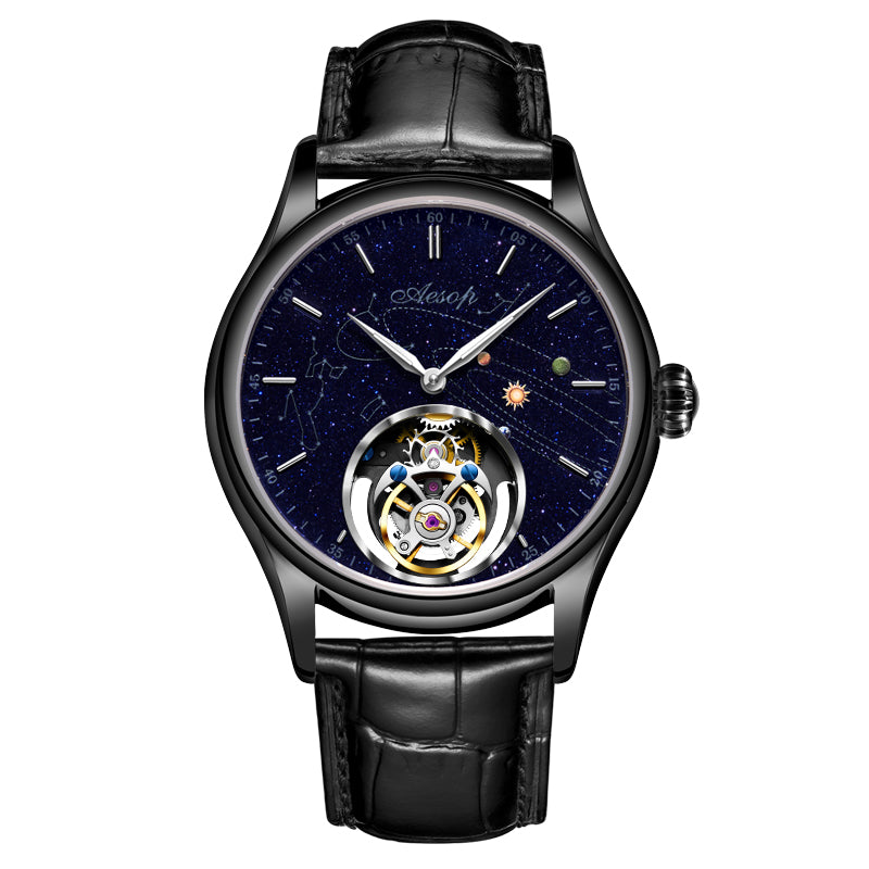 Super AESOP Flying Tourbillon Watch for Men Milky Way Star Sapphire Dial Luxury Steel Band Male Mechanical WristWatches 1963