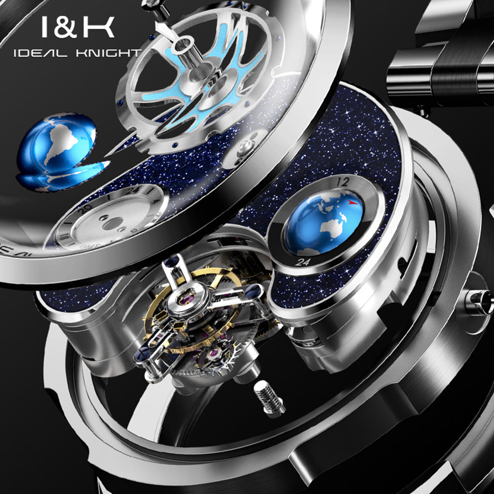 IDEAL KNIGHT Top Brand Luxury Men's Automatic Mechanical Wristwatch Blue Earth Dial Two Location Time Display Flywheel Movement