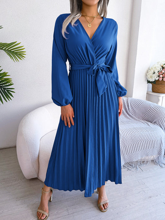 Women Elegant V Neck Long Sleeve Pleated Maxi Dress