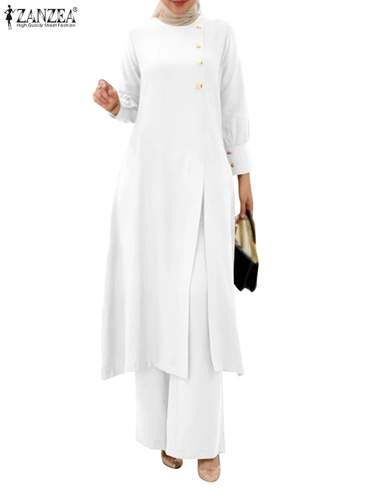 ZANZEA Muslim Abaya Suit Elegant Women Matching Sets Fashion Long Shirt Tops & Wide Leg Pants Ramadan Outfits Tracksuits