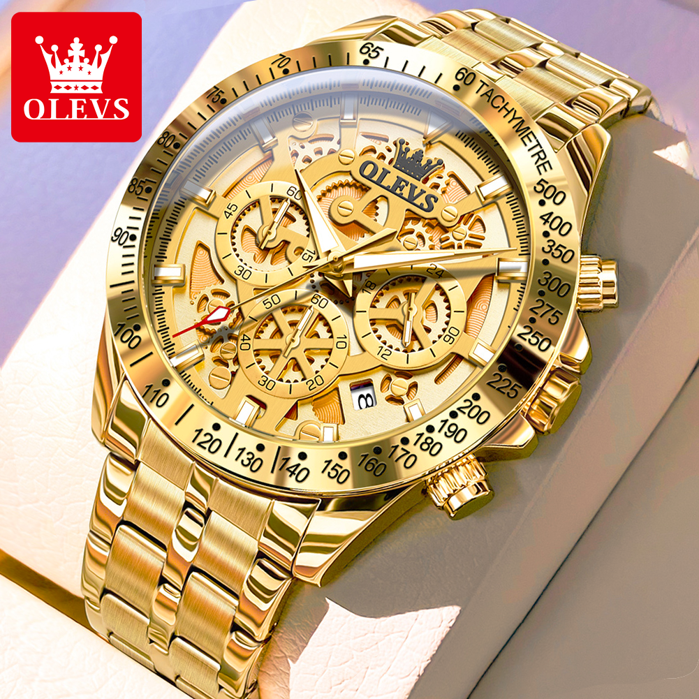 OLEVS Men's Watches Gold Luxury Hollow Out Style Original Quartz Watch for Man Waterproof Luminous Chronograph Date 24 Hours