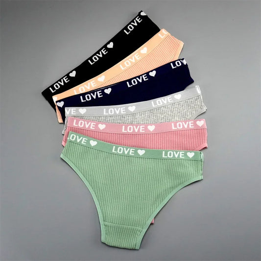 6 PCS Ribbed Cotton Panties Women Pack High Quality Lady "Love Heart" Letters Panties Daily Underwear Girls Comfort Briefs