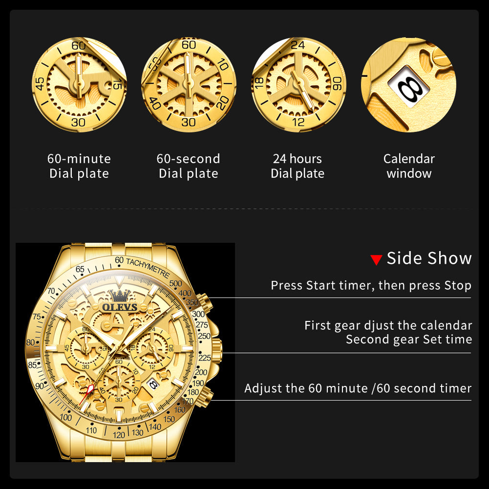 OLEVS Men's Watches Gold Luxury Hollow Out Style Original Quartz Watch for Man Waterproof Luminous Chronograph Date 24 Hours