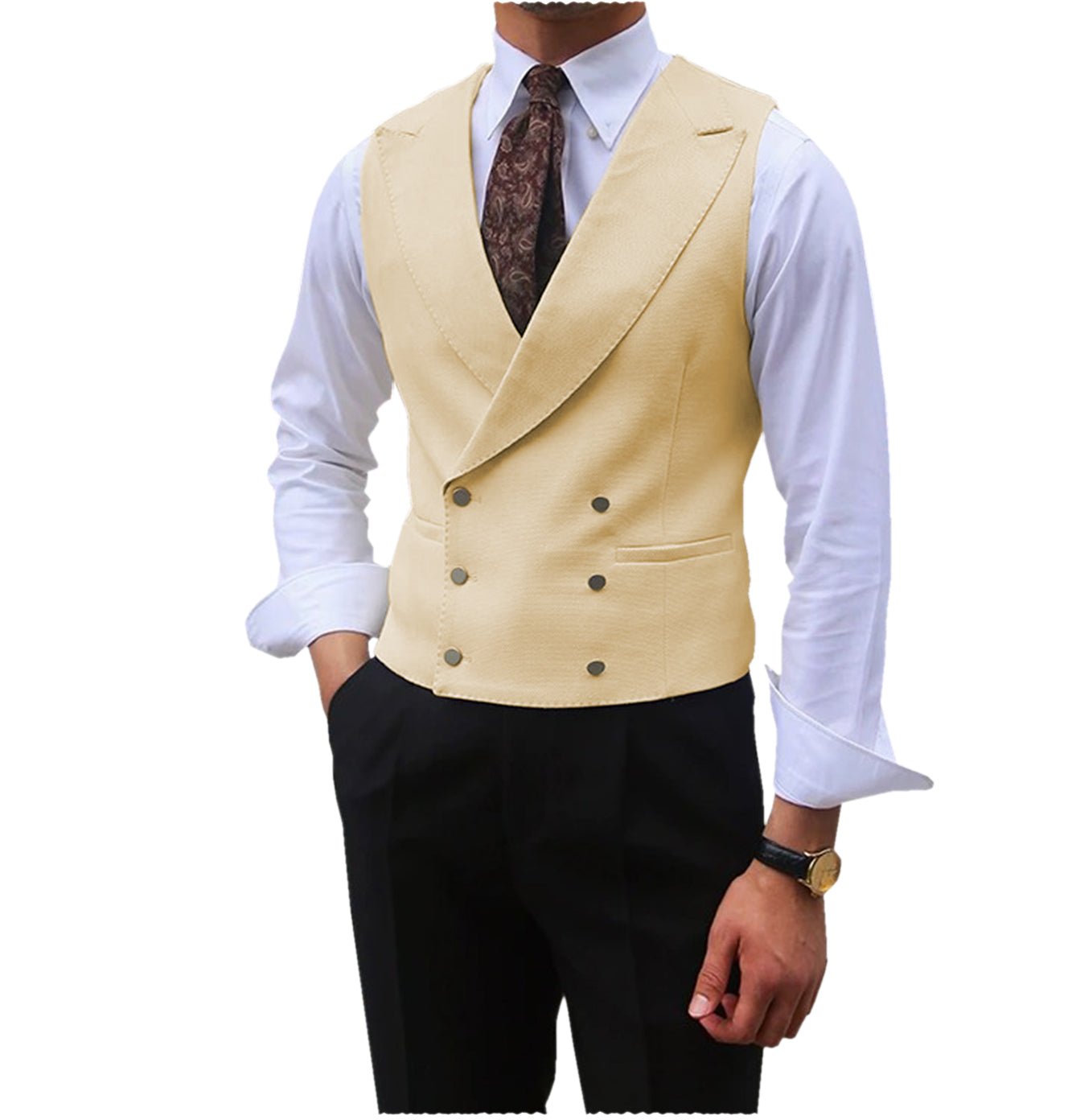 Men Vest Brown Solid Peaked Lapel Double Breasted Sleeveless Jacket Wedding Banquet Business Casual Slim Waistcoat