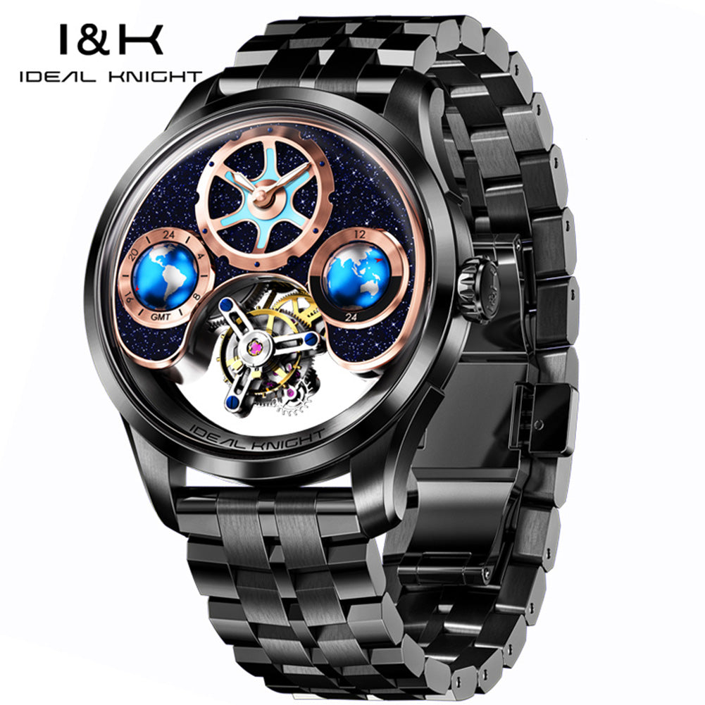 IDEAL KNIGHT Top Brand Luxury Men's Automatic Mechanical Wristwatch Blue Earth Dial Two Location Time Display Flywheel Movement