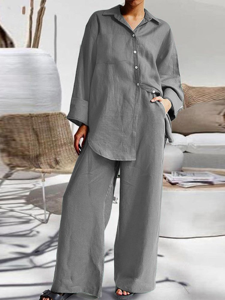 Autumn Winter New Cotton And Linen Pant Sets Women Casual Style Solid Color Loose Wide Legs Pants Two Piece Set Clothing Ladies