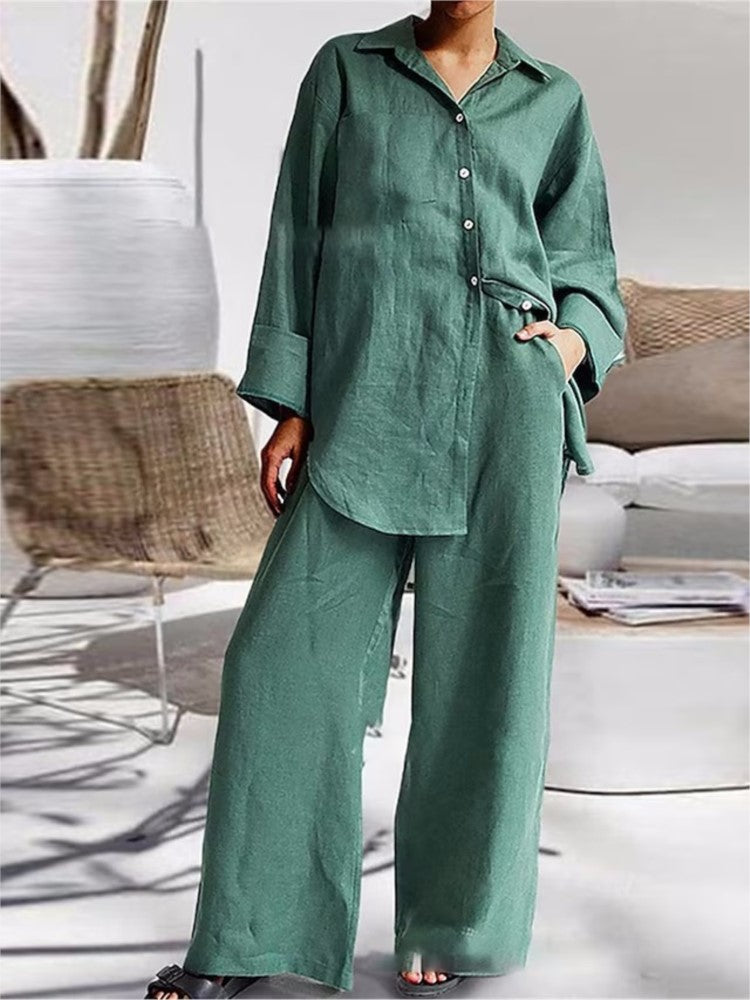 Autumn Winter New Cotton And Linen Pant Sets Women Casual Style Solid Color Loose Wide Legs Pants Two Piece Set Clothing Ladies