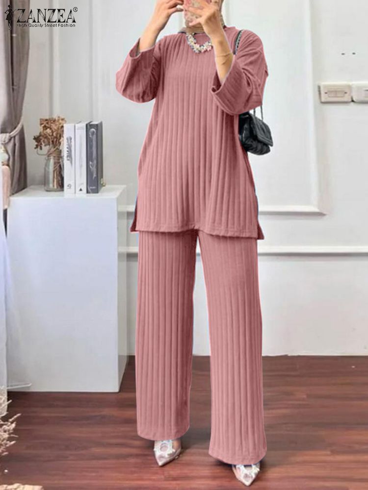 ZANZEA Women Muslim Matching Sets Autumn 2PCS Long Sleeve Blouse Wide Leg Pants Sets Fashion Tracksuit Winter Outifits Oversize