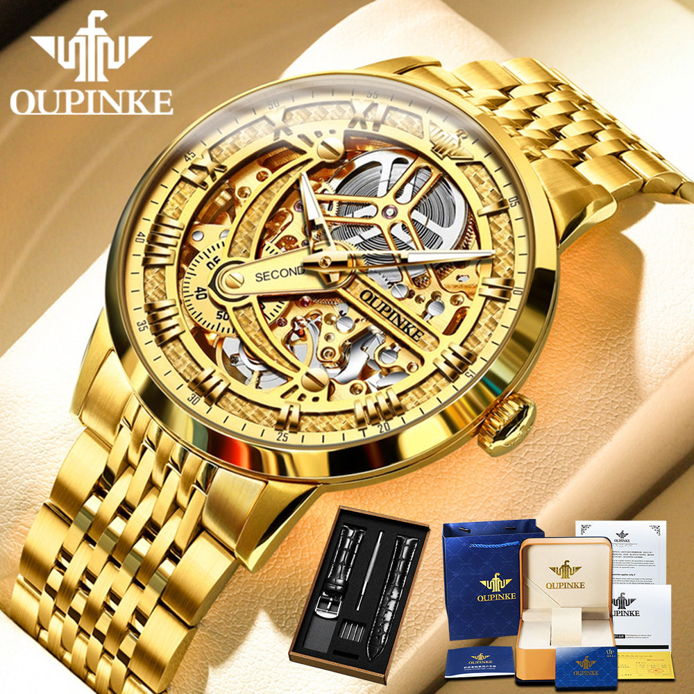 OUPINKE 3173 Luxury Gold Mechanical Watch For Men Hollow Top Brand Original Automatic Wristwatch 50M Waterproof Luminous Watches