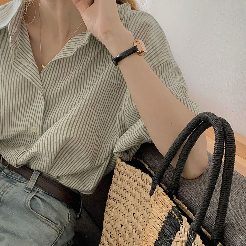 XEJ Elegant and Youth Woman Blouses Women's Clothing Spring Green Vertical Stripe Shirt Short Sleeve Chiffon Blouse Woman