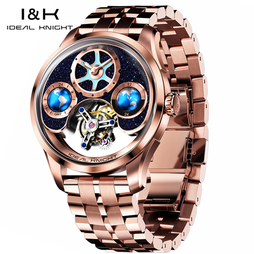 IDEAL KNIGHT Top Brand Luxury Men's Automatic Mechanical Wristwatch Blue Earth Dial Two Location Time Display Flywheel Movement