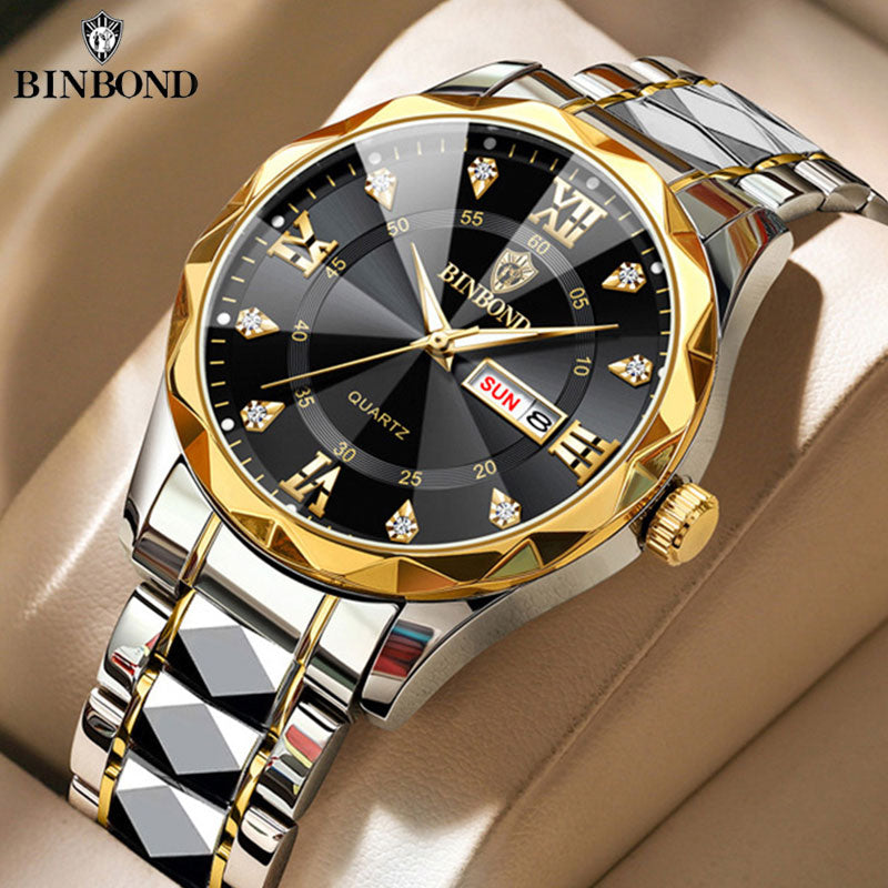 BINBOND Men Watch Stainless Steel Top Quailty Luxury Push Button Hidden Clasp Waterproof Luminous Date Week Sport Wrist Watches