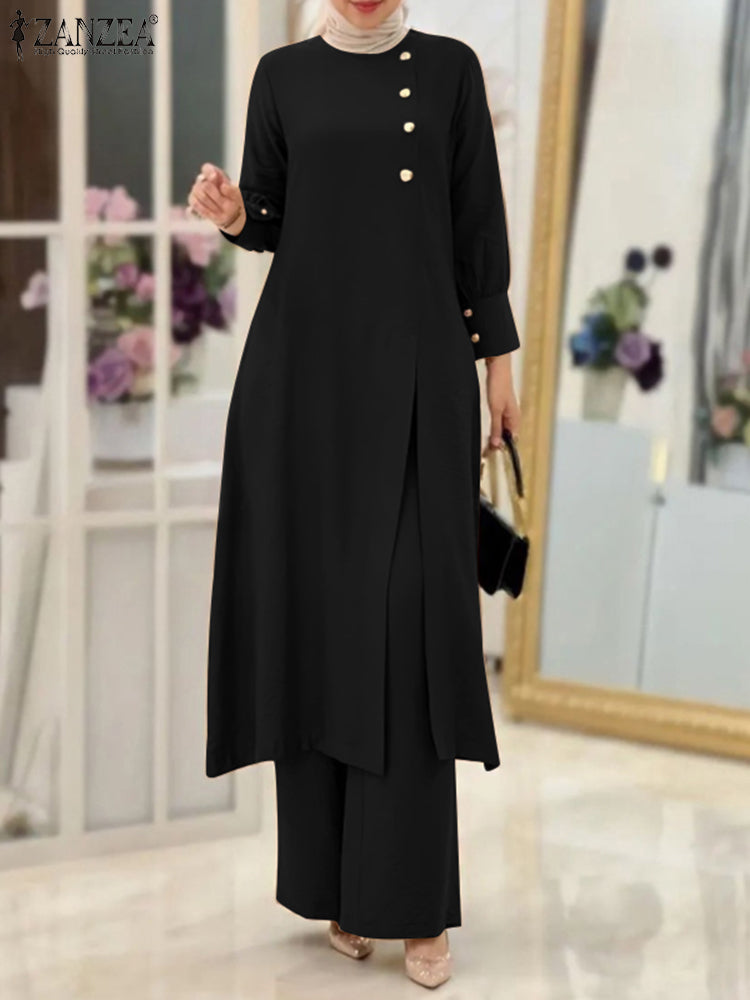 ZANZEA Muslim Abaya Suit Elegant Women Matching Sets Fashion Long Shirt Tops & Wide Leg Pants Ramadan Outfits Tracksuits