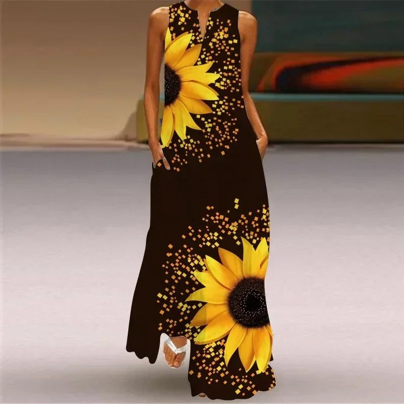 Women's summer Boho vintage maxi dress Women's pocket loose casual print A-line dresses