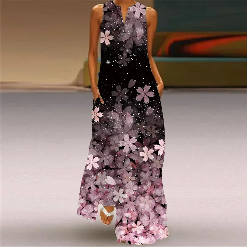 Women's summer Boho vintage maxi dress Women's pocket loose casual print A-line dresses