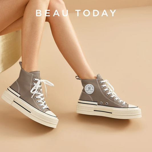 BEAUTODAY High-top Canvas Shoes Women Geninue Cow Leather Spring Sneakers Lace-up Fashion Ladies Shoes Handmade 29249