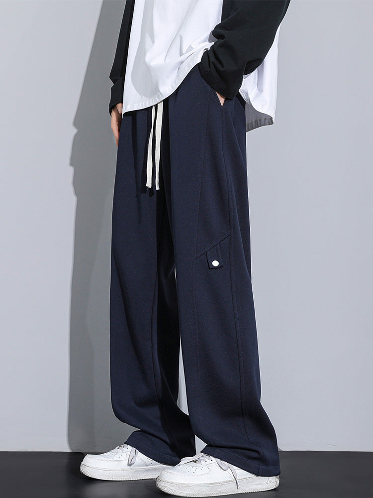 Men's Sweatpants Korean Fashion Solid Color String Banding Wide Leg Track Pants Straight Loose Cotton Trousers