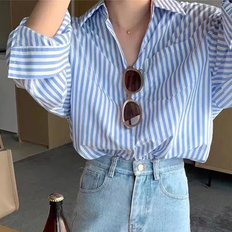 Striped Shirts Women Y2K Vintage Streetwear Long Sleeve Tops Korean Fashion Office Ladies Elegant Loose Casual Blouse New