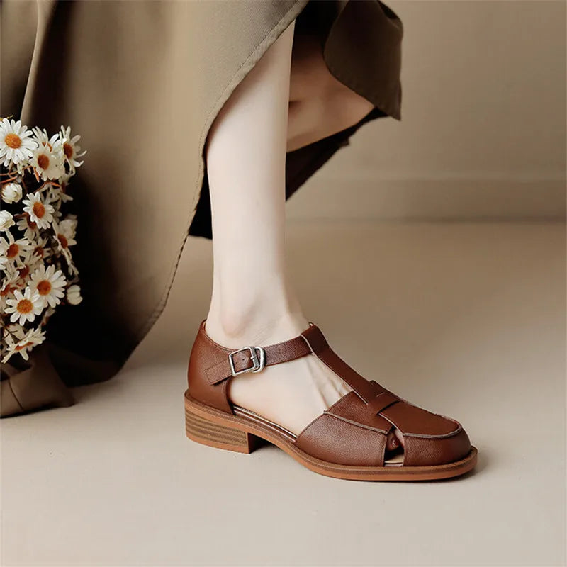 Summer Sandals Cowhide Round Toe Women Sandals Chunky Heel Women Shoes Cover Toe Shoes for Women Hollow Out Mary Jane Shoes