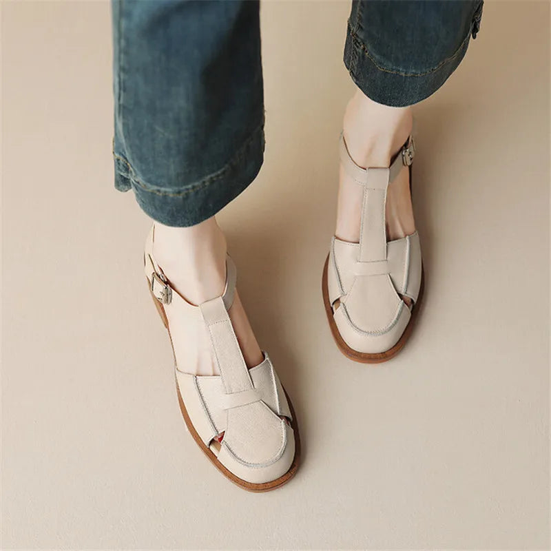 Summer Sandals Cowhide Round Toe Women Sandals Chunky Heel Women Shoes Cover Toe Shoes for Women Hollow Out Mary Jane Shoes