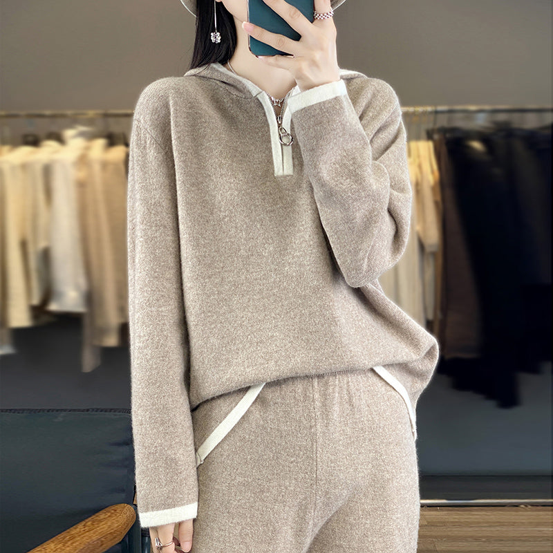 New Autumn Winter Hoodie 100% Wool Knit Suits Women's Hooded Knitted Pullover Loose Wide Leg Trousers Fashion High-Grade Suits