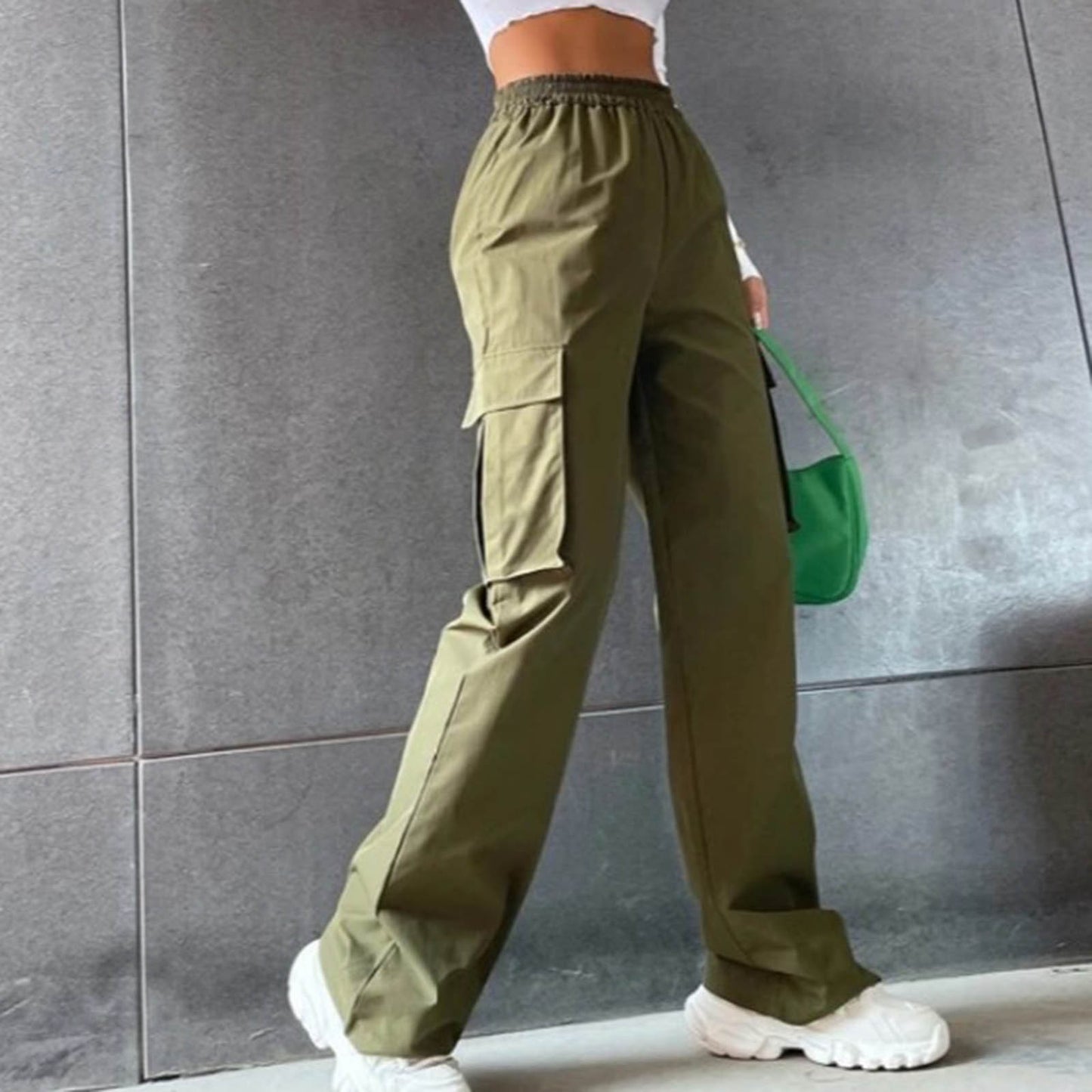 Women Casual Pants Fashion Solid Overalls Pockets High Waisted Elastic Waist Loose Cargo Pants Streetwear High Quality Trousers