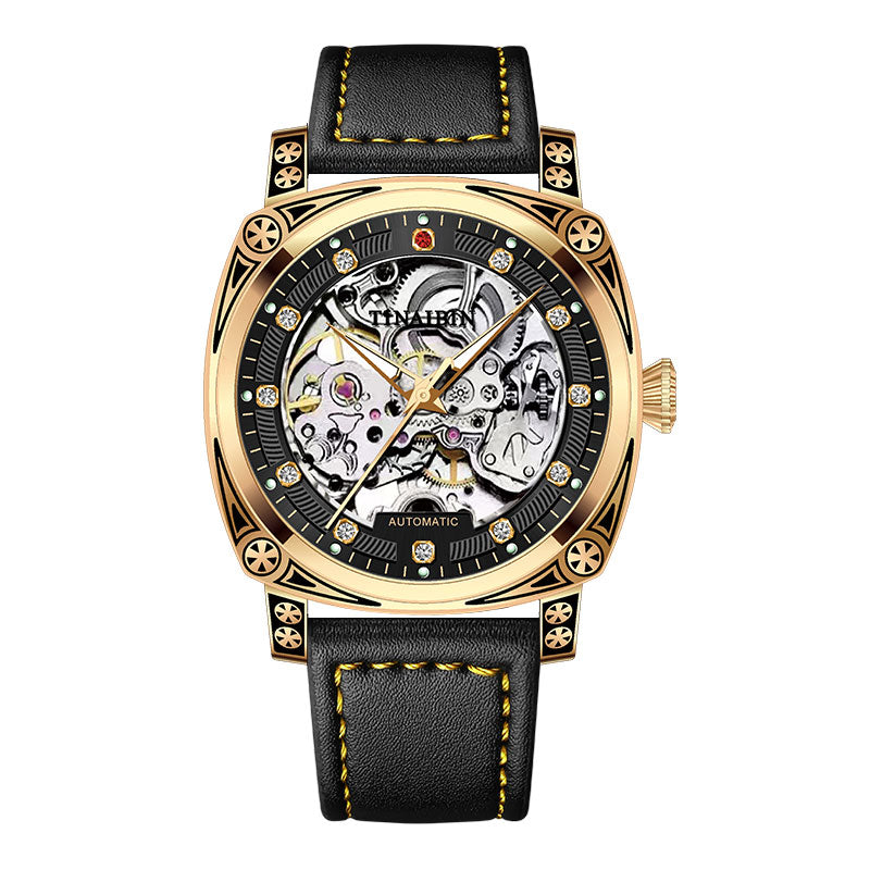 TINAIBIN Tourbillon Mechanical Men Watch Luxury Leather High-quality Hollow Skeleton Watch