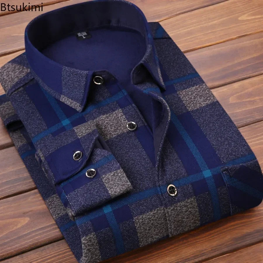 Men's Winter Warm Long Sleeve Plaid Shirts Flannel Fur Lined Thick Formal Shirts Fleece Casual Shirt for Men Dress Shirts