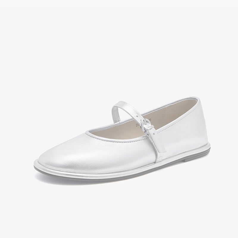 BEAUTODAY Casual Mary Janes Women Flats Sheepskin Silver 2024 Summer Office Ladies Ballet Shoes Female French Retro Style 28363