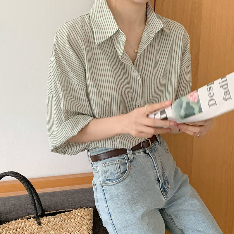 XEJ Elegant and Youth Woman Blouses Women's Clothing Spring Green Vertical Stripe Shirt Short Sleeve Chiffon Blouse Woman