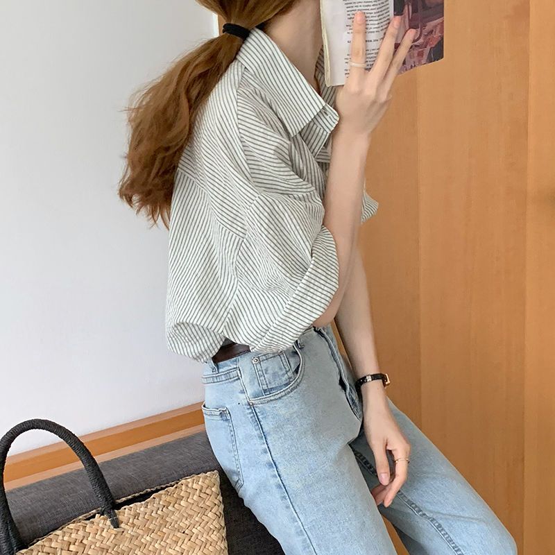 XEJ Elegant and Youth Woman Blouses Women's Clothing Spring Green Vertical Stripe Shirt Short Sleeve Chiffon Blouse Woman