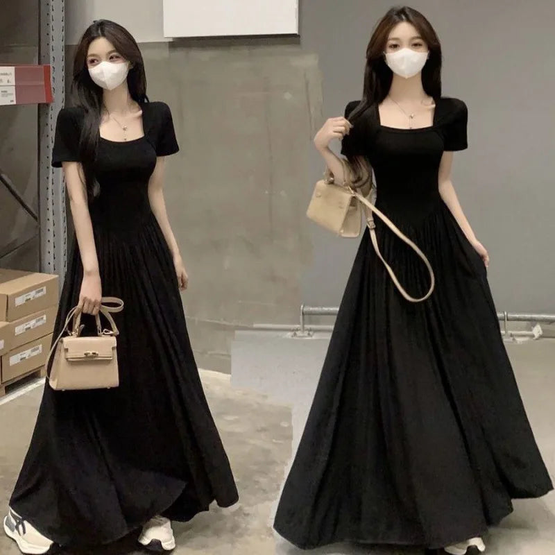 Summer New Hepburn Style Slimming Dress Women's Sensibility A- line Waist-fitted Long Skirt Trendy Fashion Short Sleeves