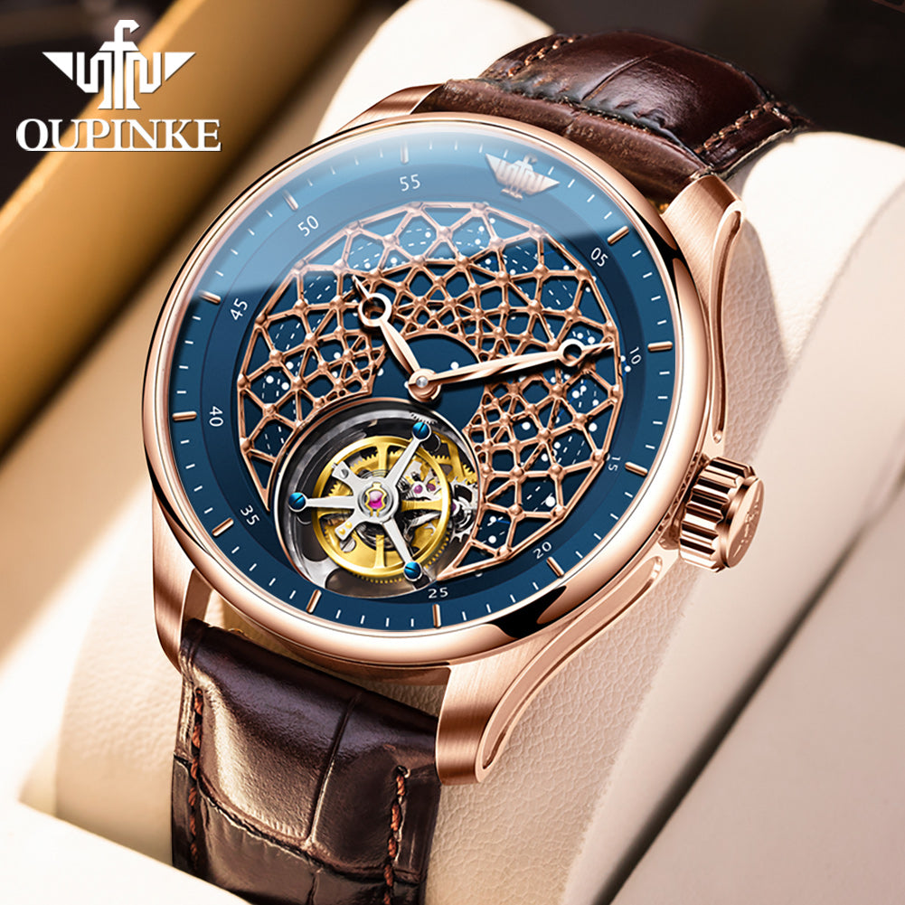 OUPINKE Tourbillon Movement Men Watches Automatic Mechanical Watch Texture Design Dial Luxury Original Male Wristwatch Sapphire